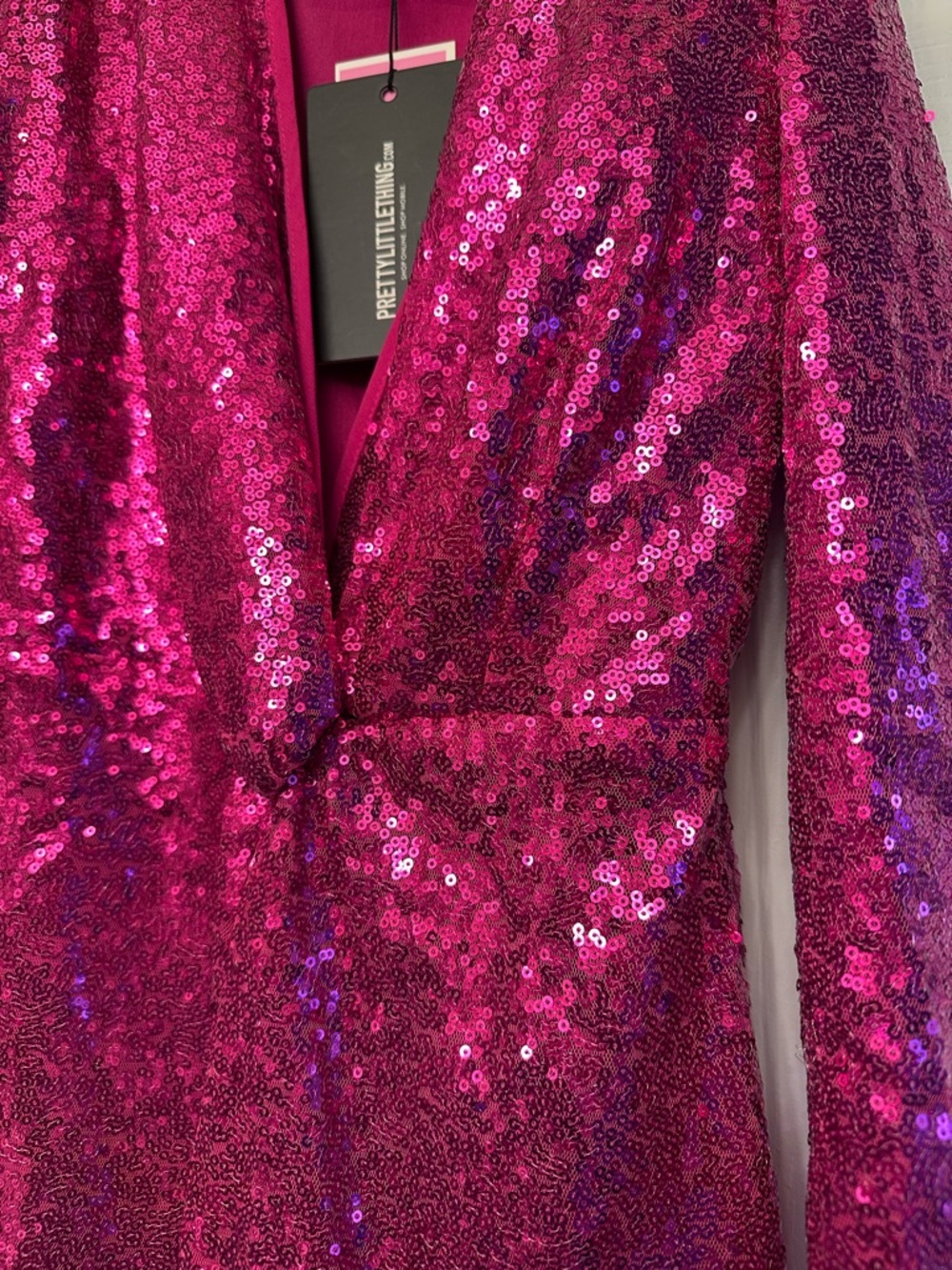 PrettyLittleThing Hot Pink Sequin Long Sleeve Mini Dress - Picture 4 of 8